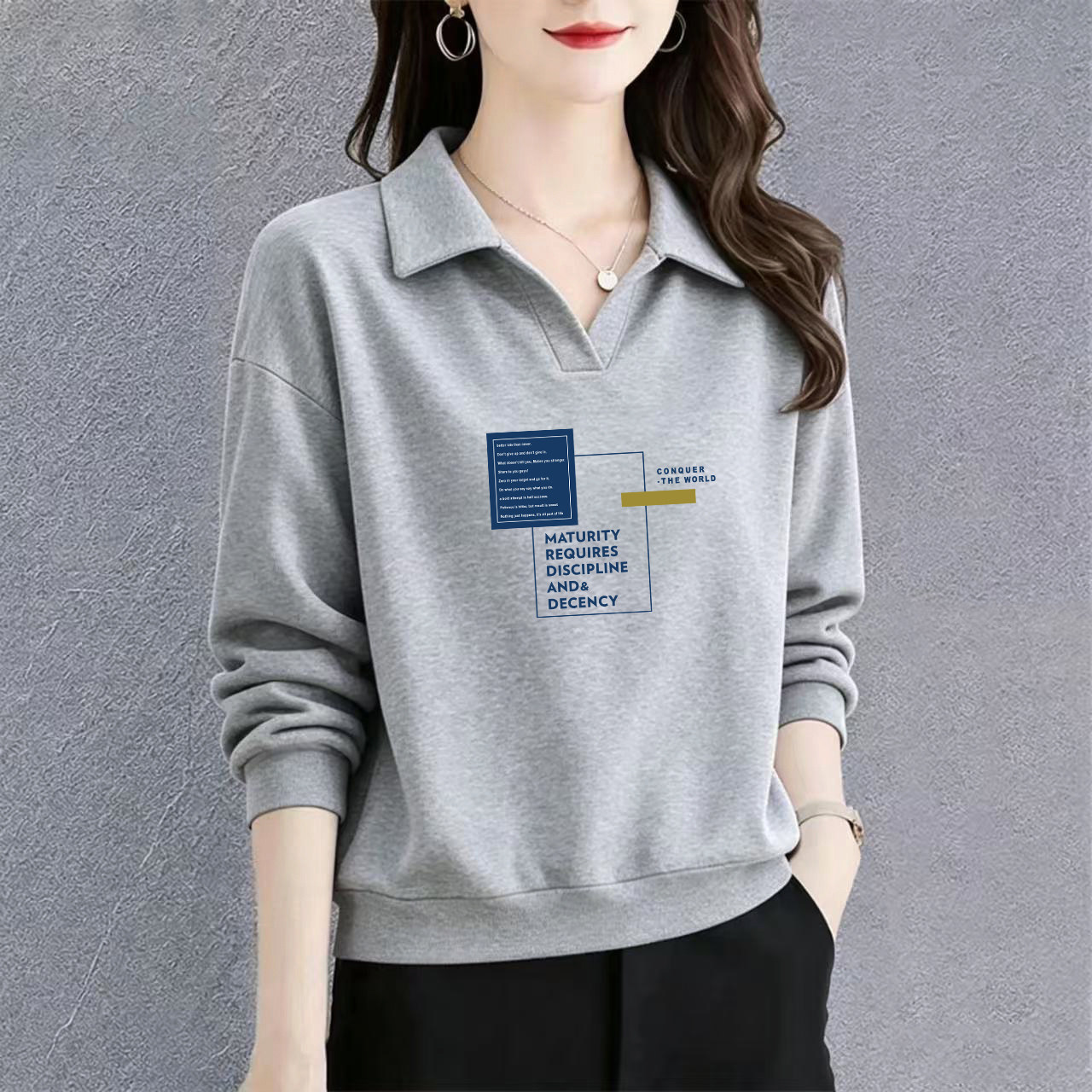 纯棉长袖POLO领卫衣女