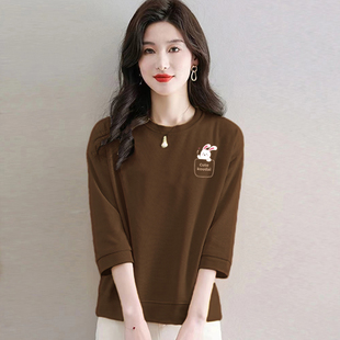 外贸出口正品 休闲印花t恤女洋气减龄文艺显瘦上衣 100%纯棉七分袖
