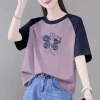 This is a 100% pure cotton short-sleeved printed T-shirt with a color-blocking design for women, which can hide flaws and make one look slimmer. It's a literary top for summer thumbnail 3