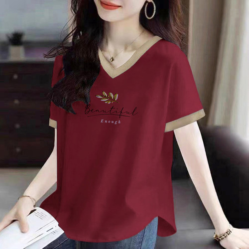 100%纯棉V领拼色短袖t恤女