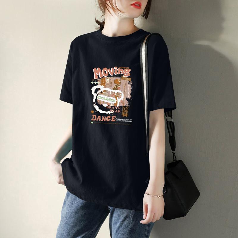 纯棉中长款印花短袖t恤夏