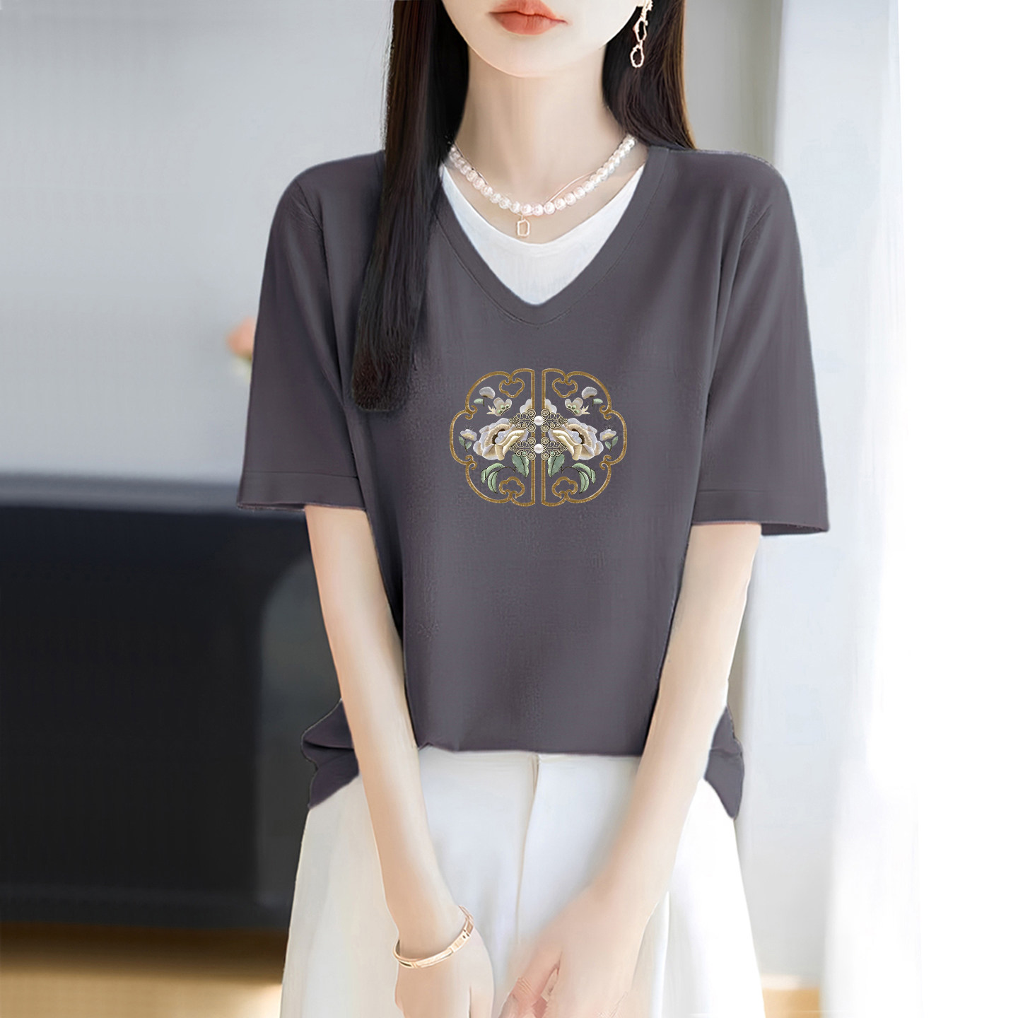 外贸折扣店正品100%纯棉假两件V领短袖t恤女夏装宽松显瘦休闲上衣