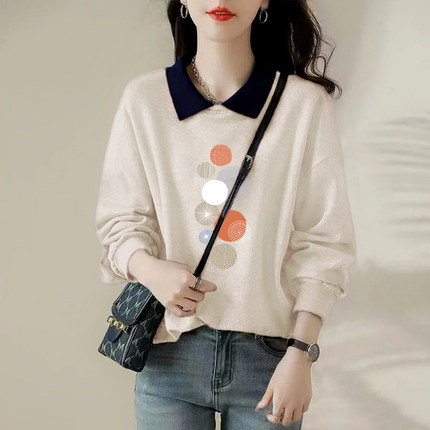外贸出口品牌清仓纯棉时尚POLO领长袖卫衣女春秋百搭显瘦拼色上衣