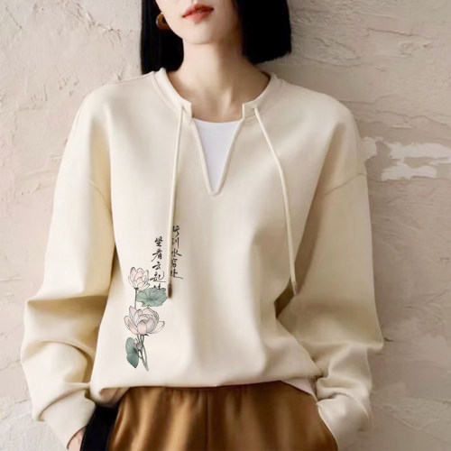 纯棉国风印花长袖卫衣女
