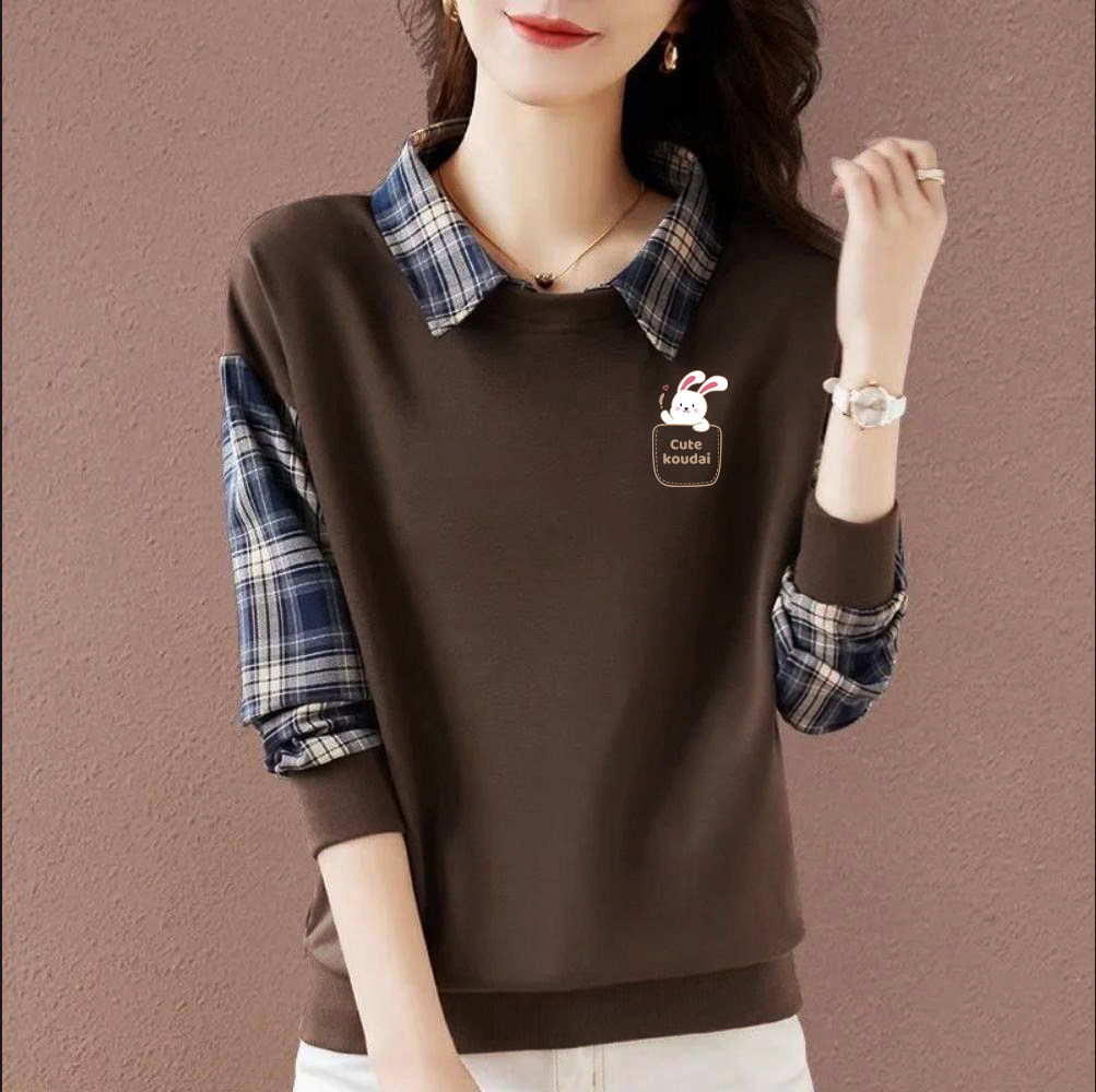 品牌专柜撤柜清仓纯棉格子拼接长袖卫衣女春秋款百搭显瘦翻领上衣,女装/女士精品,大码内搭,淘宝优惠券,粉丝福利购,淘宝优惠卷