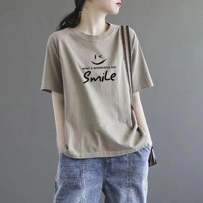 外贸出口女装纯棉夏印花短袖上衣