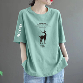 外贸清仓出口意大利100%纯棉印花t恤女宽松显瘦休闲文艺短袖 上衣