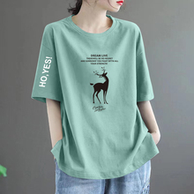 外贸清仓出口意大利100%纯棉印花t恤女宽松显瘦休闲文艺短袖上衣