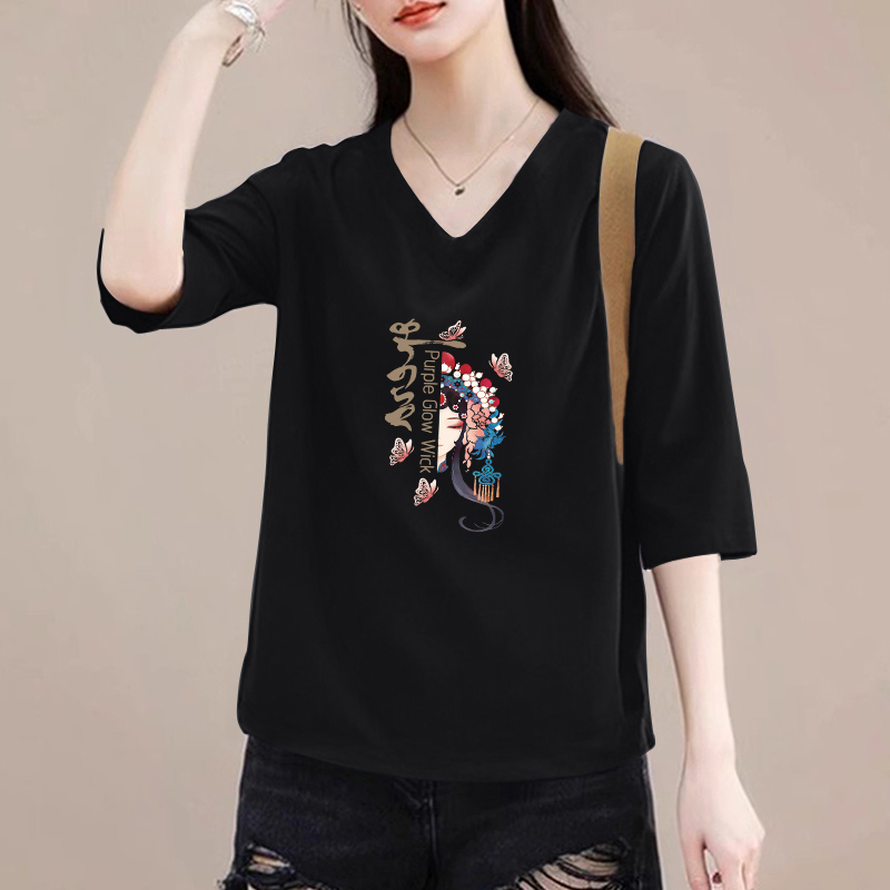 外贸纯棉七分袖鸡心领上衣女