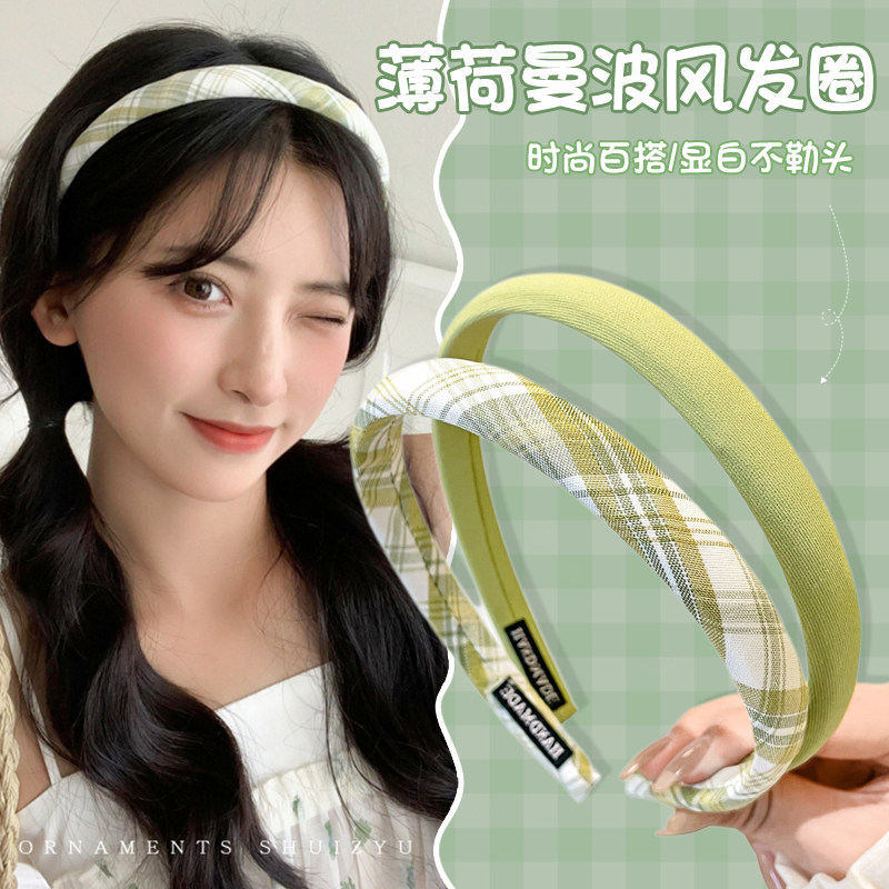 薄荷曼波春天绿色头箍女2024新款发旅发饰彩色格子小发箍发卡头饰