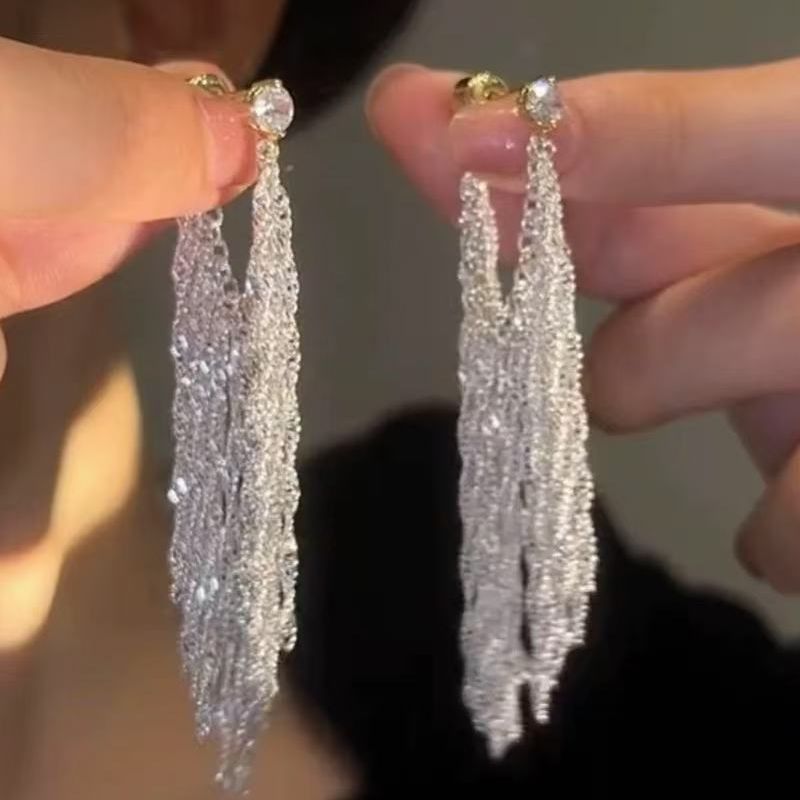 感银河瀑布流苏耳环女气质长款耳坠精致耳饰N2670