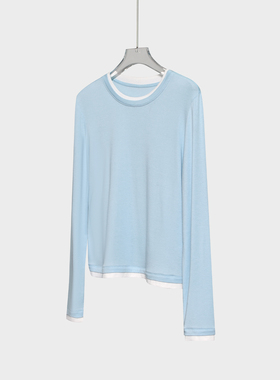 FOR DEMI太显白了！莱赛尔天丝羊毛假两件拼接T恤女春夏打底衫蓝