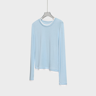 蓝 莱赛尔天丝羊毛假两件拼接T恤女春夏打底衫 FOR DEMI太显白了