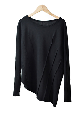 三本巨显瘦不规则拼接t恤女早秋长袖全棉宽松打底上衣大码休闲黑S