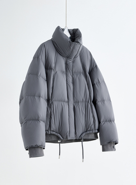 简约高级 短款立领90白鸭绒面包服女冬季蓬松羽绒服加厚外套灰色C