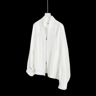 松弛感舒适自在 三醋酸短款飞行员夹克外套女白色棒球服薄蝙蝠袖C