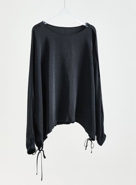 素雅~100%真丝桑蚕丝提花缎T恤女秋短款抽绳上衣长袖宽松大码气质