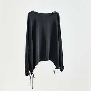 宽松大码 抽绳上衣长袖 气质 100%真丝桑蚕丝提花缎T恤女春短款 素雅