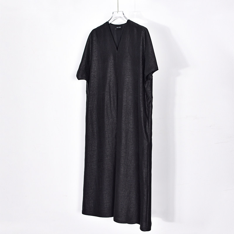 东方美学 V领龟裂纹香云纱真丝连衣裙女夏高端100桑蚕丝中长大码A