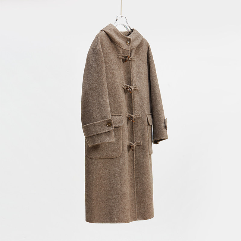 客供牦牛绒羊毛蚕丝毛呢大衣女秋冬中长款过膝宽松连帽牛角扣大码