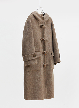 客供牦牛绒羊毛蚕丝毛呢大衣女秋冬中长款过膝宽松连帽牛角扣大码
