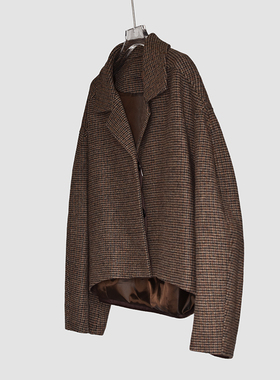 韩国翻单Le17复古咖格羊毛呢外套女西装领短款秋冬高级感廓形大衣