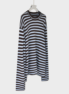 一眼爱上老钱风拼色桑蚕丝羊绒打底衫女春秋圆领针织毛衣条纹打底