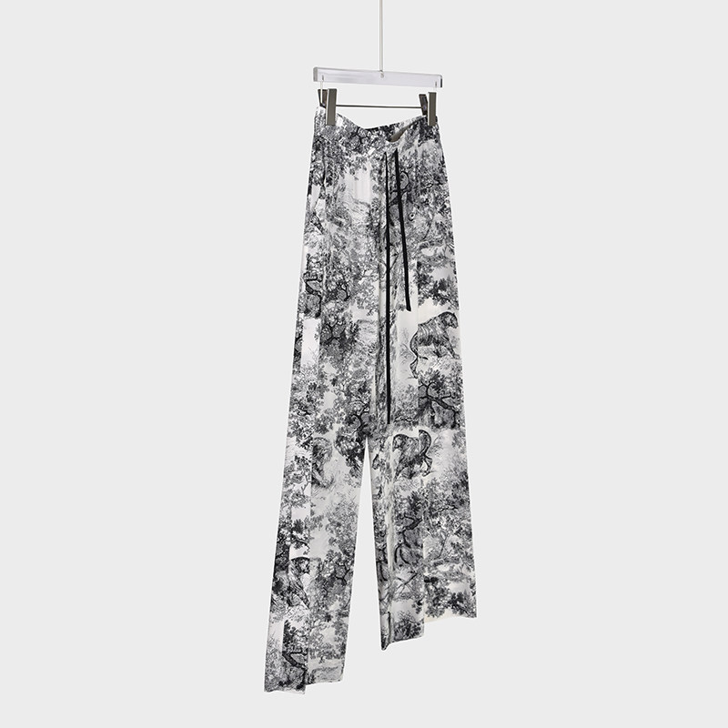 大牌设计动物丛林真丝休闲裤女夏新中式水墨印花高腰直筒松紧阔腿