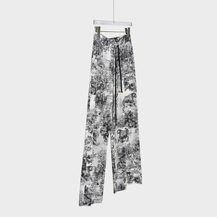 大牌设计动物丛林真丝休闲裤 水墨印花高腰直筒松紧阔腿 女夏新中式