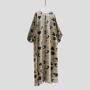 脏染行走的水墨丹青100%真桑蚕丝级女夏五分袖连衣裙印花高端大码