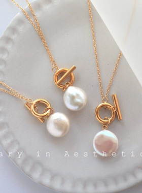 VIA天然巴洛克纽扣珍珠金币欧美气质简约OT扣百搭秋冬潮毛衣项链