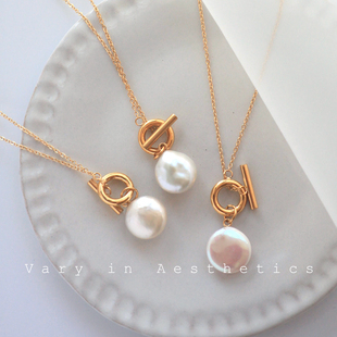 VIA天然巴洛克纽扣珍珠金币欧美气质简约OT扣百搭秋冬潮毛衣项链