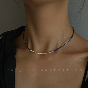 途经天然青金石淡水baby真珍珠超细拼接s925银锁骨短项链choker女