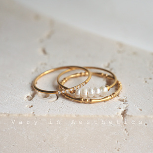 VIA途经叠带法式 女 复古宫廷极简约特细ins风淡水珍珠钛钢戒指套装