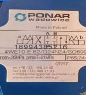 进口PONAR电磁阀 wadowice液压油压换向阀4WE10E62/G24NZ4/SO699