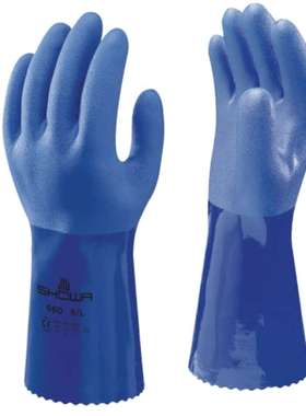 Showa SHO660B3 昭和660蓝色棉质耐化学手套 L号聚氯乙烯涂层