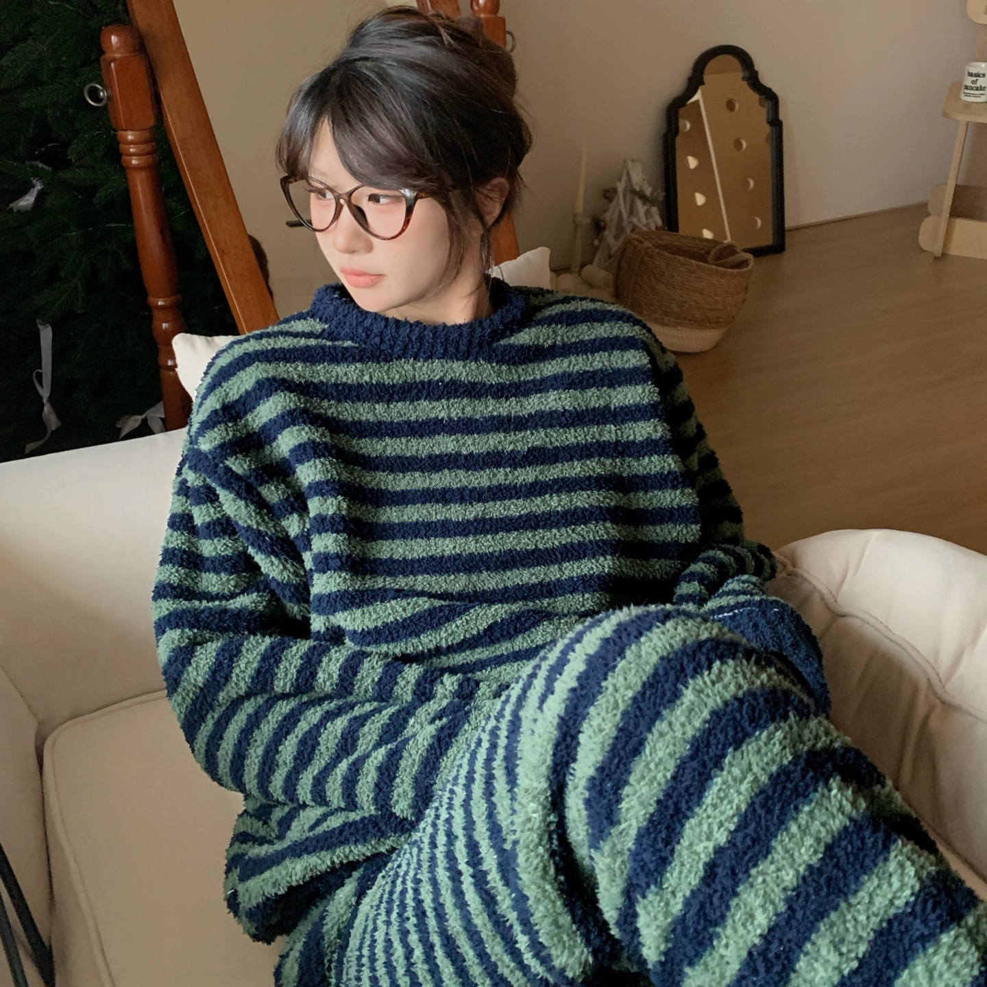 韩版简约条纹睡衣女冬季半边绒加厚加绒少女可外穿长袖家居服套装