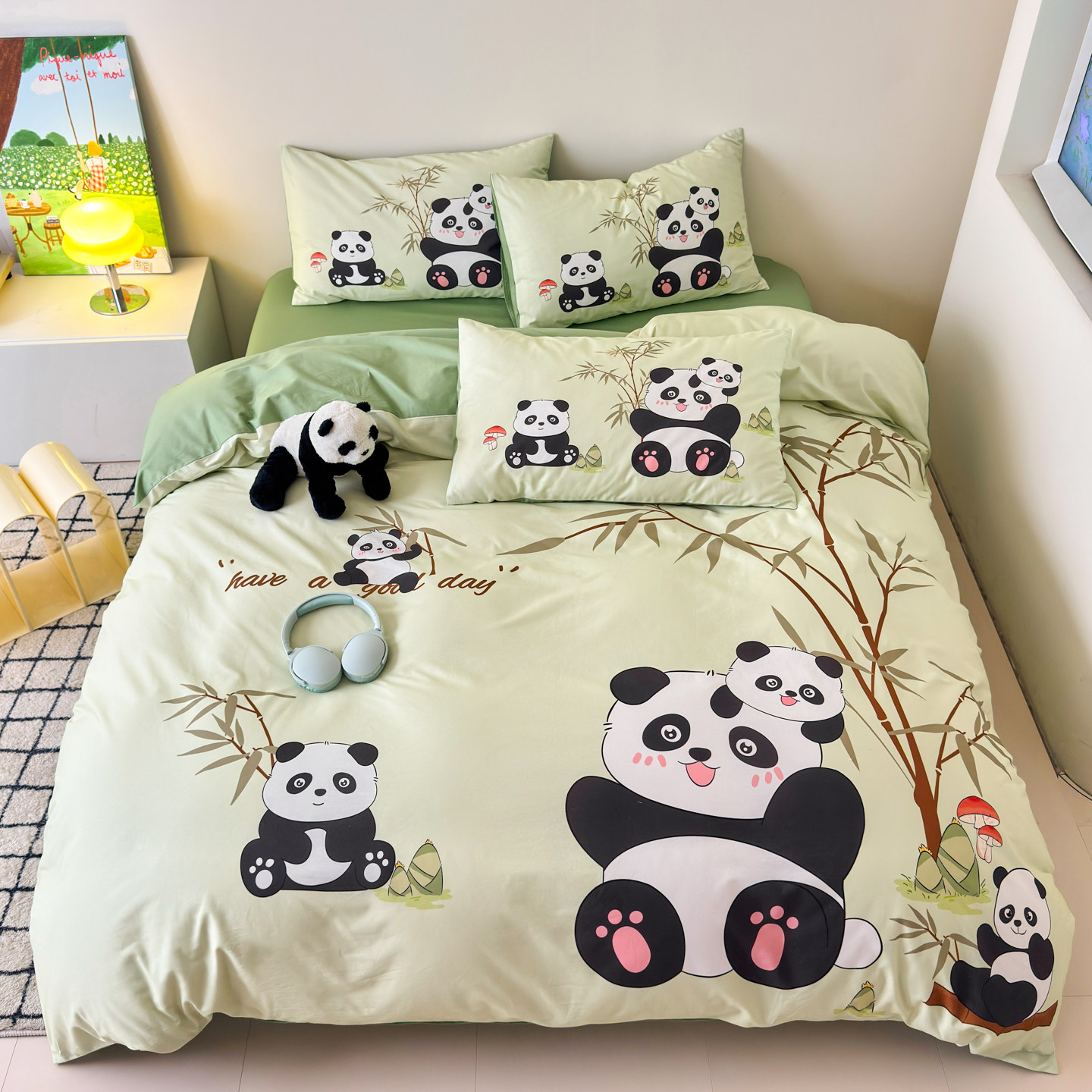 国宝大熊猫卡通儿童床上三四件套单双人加被套220240床笠1.35定制