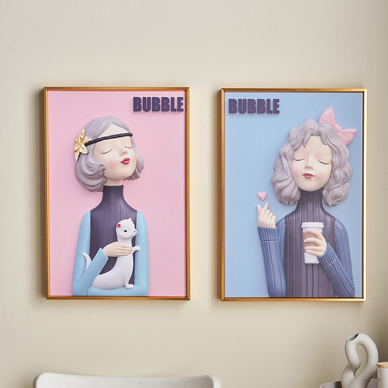 北欧风简约抱银鼠女孩铝框挂画女生儿童房装饰画客厅壁画新居礼品