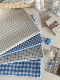 复古日式蓝色系仿麻格子条纹布料色织棉布裙子发圈包包手工diy