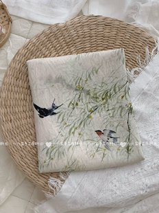 天丝苎麻印花面料燕子飞舞新中式复古风国风碎花布连衣裙女装旗袍