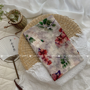 天丝麻印花面料木棉花开新中式复古风国风碎花连衣裙女装旗袍布料