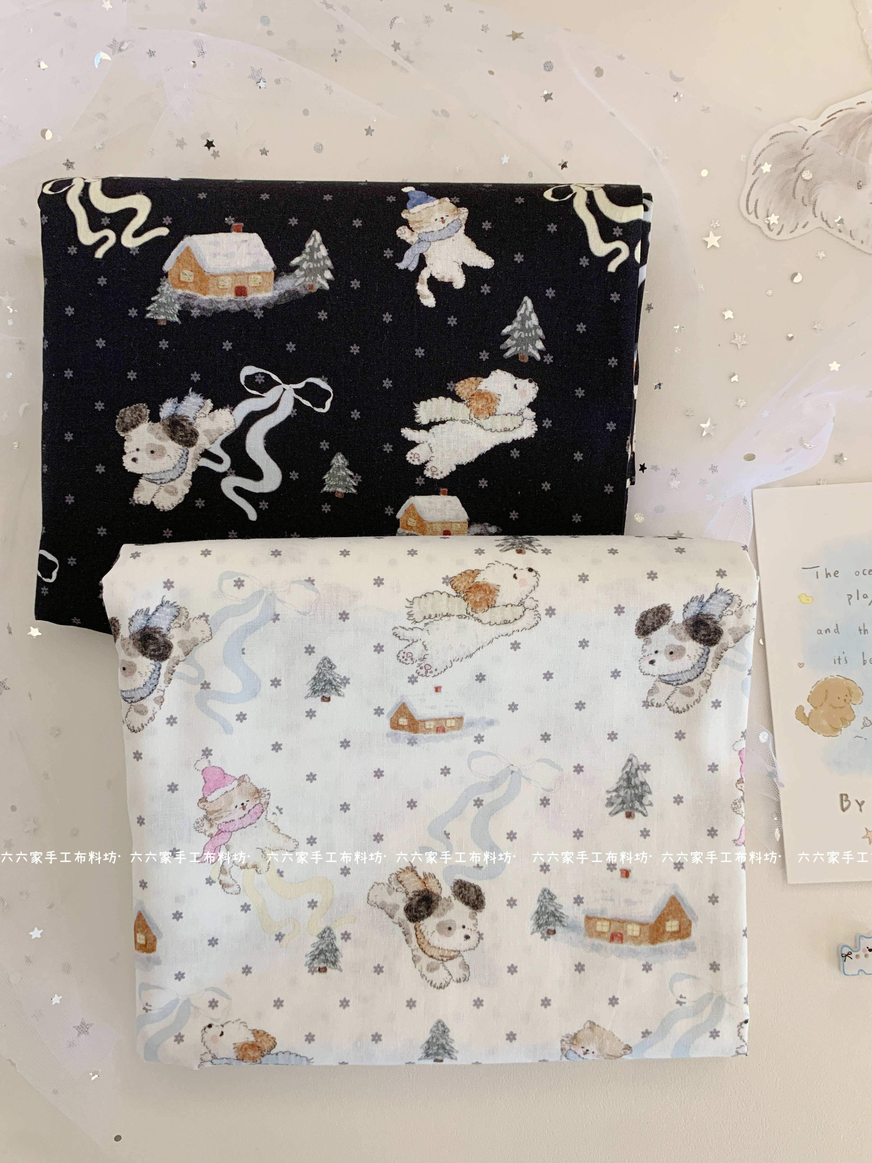 全棉40支印花布2026新款可爱雪地小狗猫咪服装发饰包包手工diy布