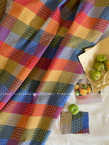 六六家复古彩色格子日韩拼接撞色棉布连衣裙裤子发饰手工diy布料