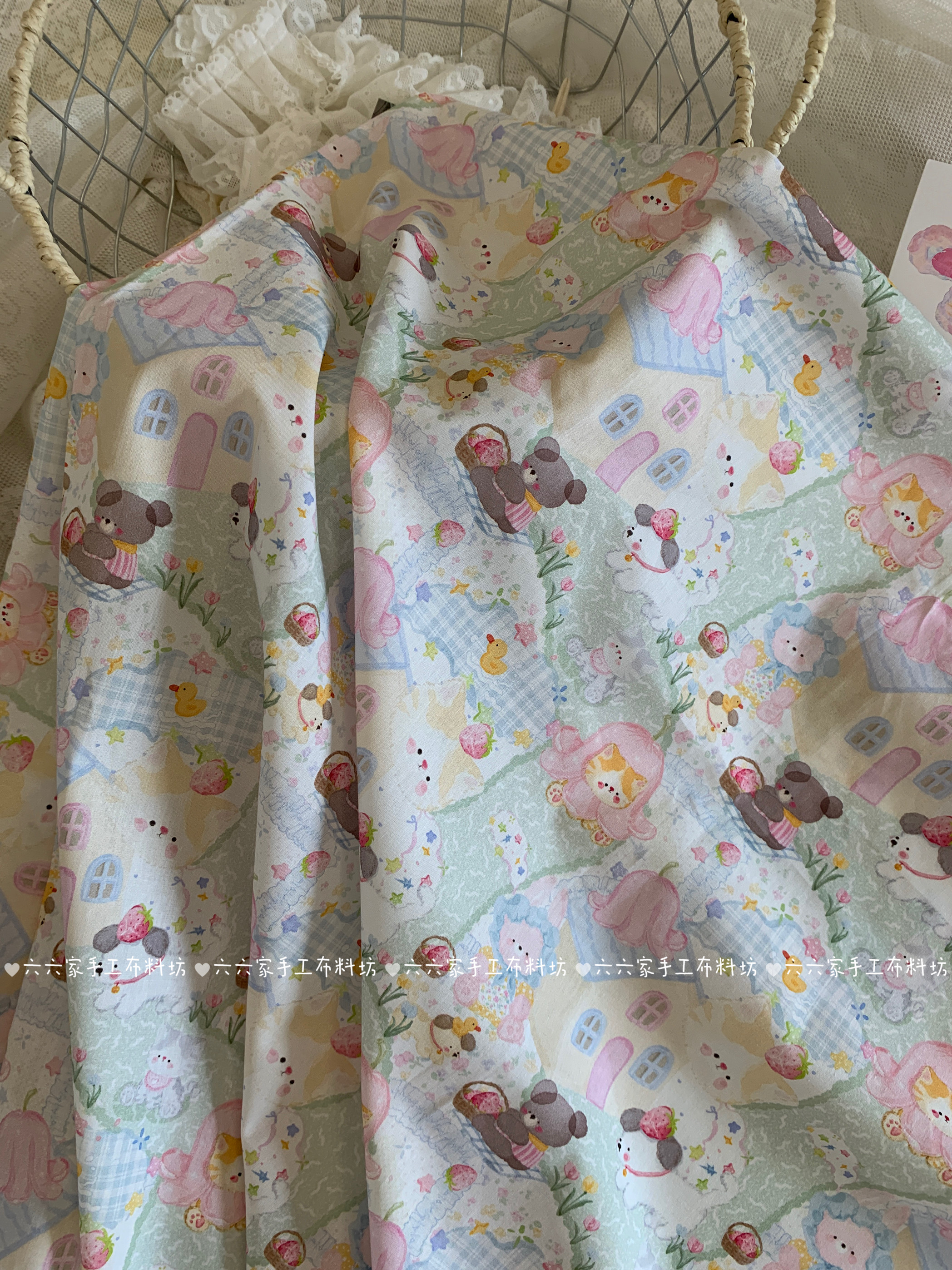 六六家全棉40支印花布料可爱卡通小熊面料家居服发饰童装diy布料