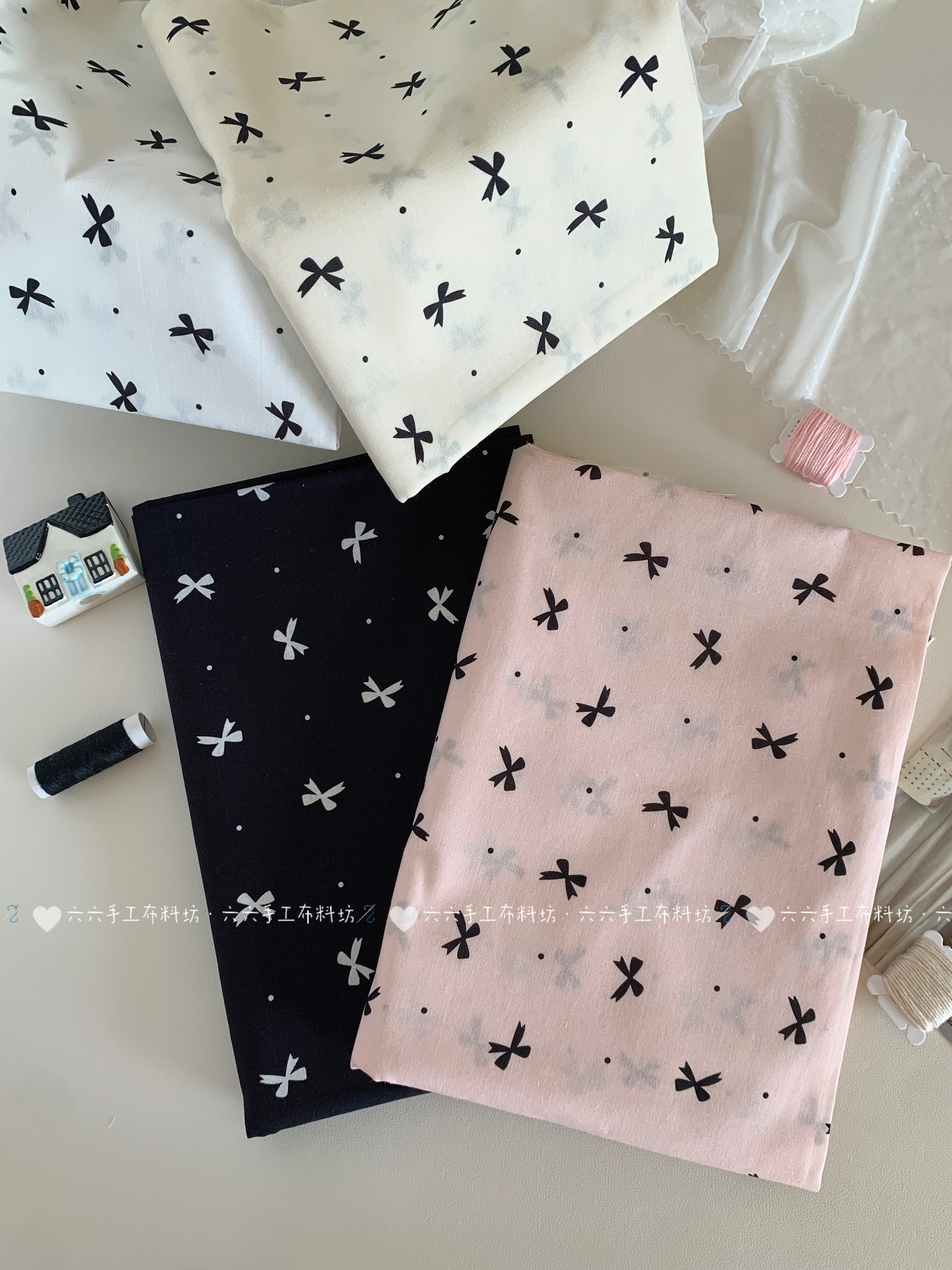 全棉40支印花布韩系ins蝴蝶结波点家居服发饰童装包包手工diy布料