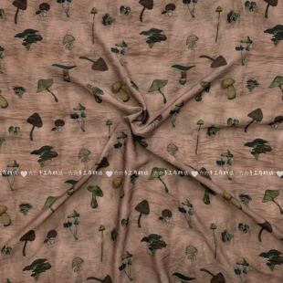 天丝麻印花面料新中式复古风国风蘑菇旗袍连衣裙女装服装布料