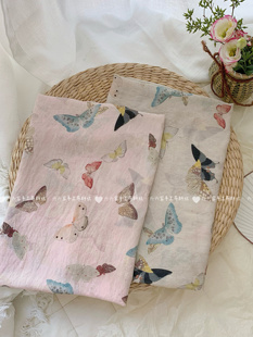 天丝麻印花面料蝴蝶飞舞新中式复古风国风碎花布连衣裙女装旗袍