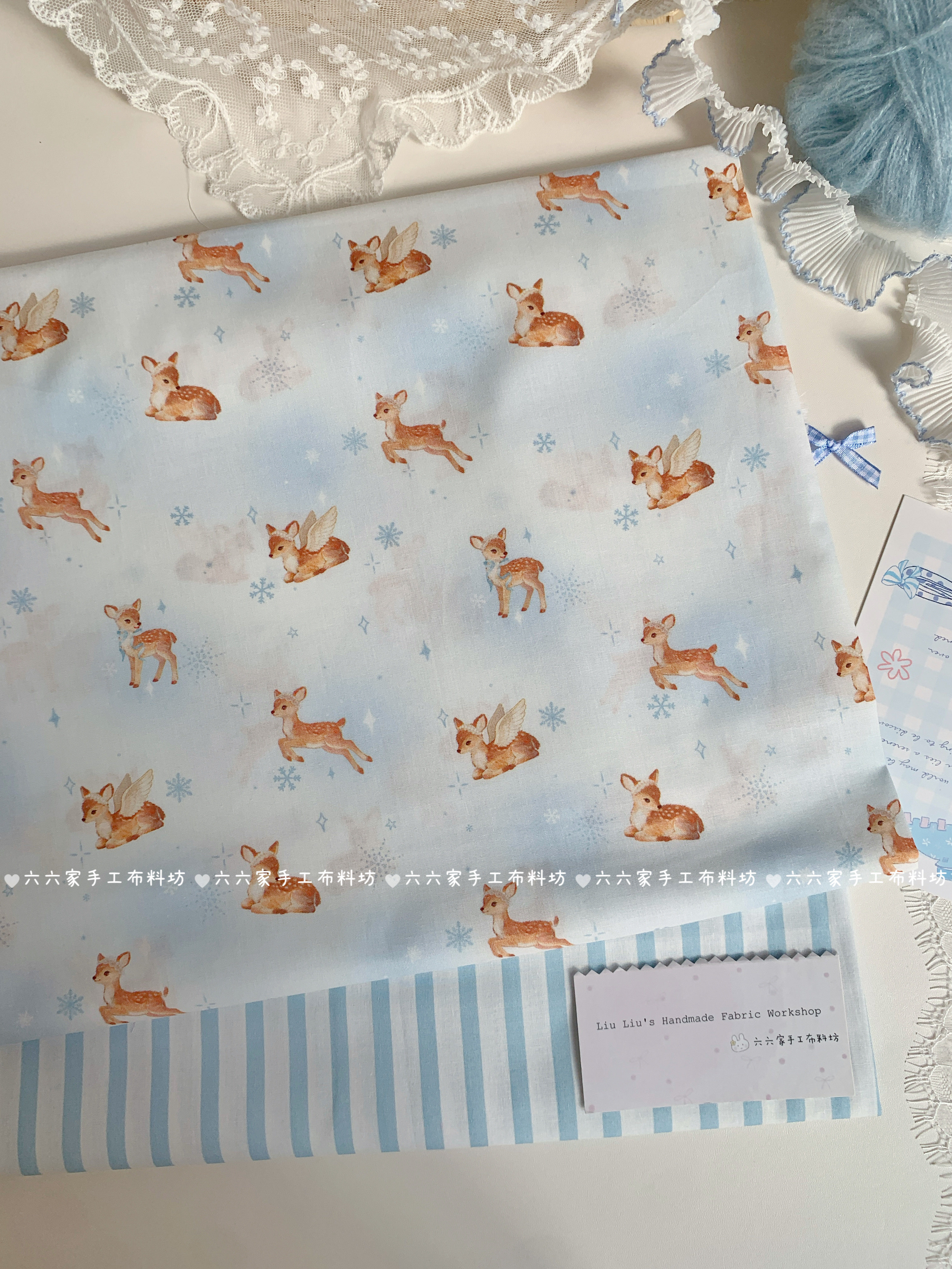 全棉40支印花面料ins蓝色系可爱冰雪小鹿服装发饰包包发圈手工diy