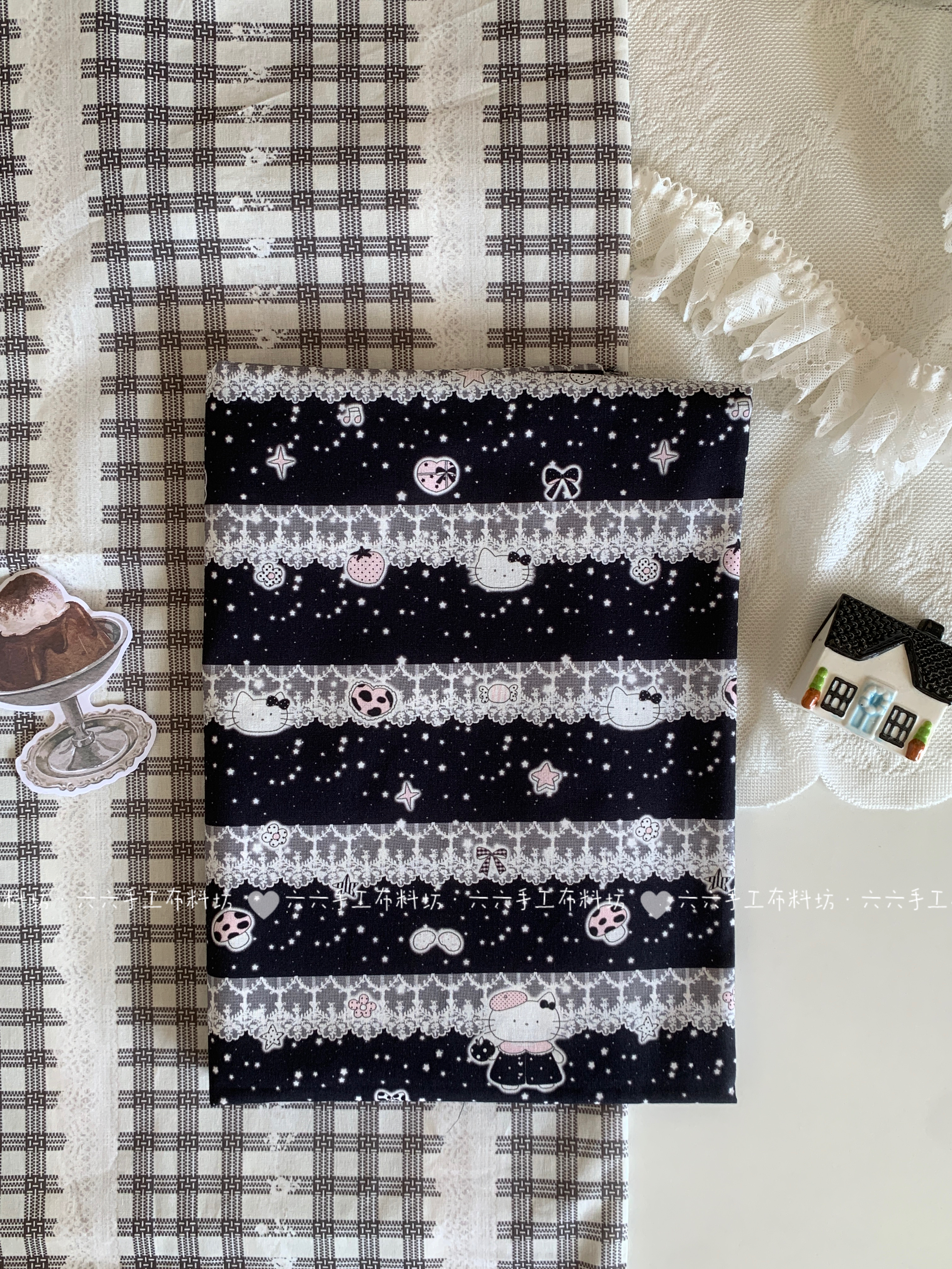 全棉40支印花布可爱卡通黑色蕾丝猫咪布家居服发饰童装布diy布料